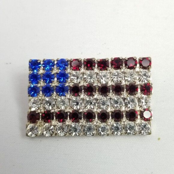 Vintage Rhinestone American Flag Brooch, Red White Blue Silver Tone Lapel Pin - Picture 2 of 7